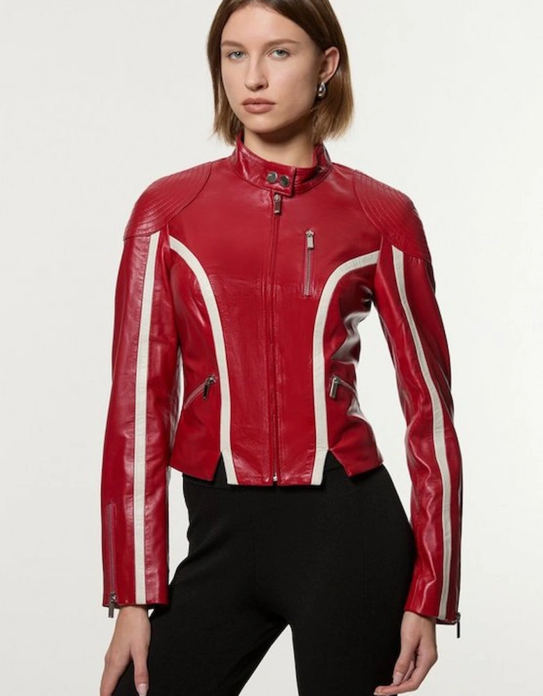 Leather Colourblock High Collar Motto Biker Jacket