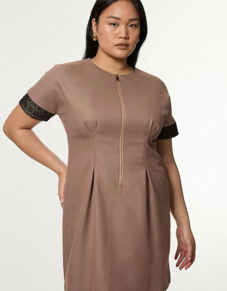 Plus Size Tailored Twill Lace Mix Zip Front Mini Dress