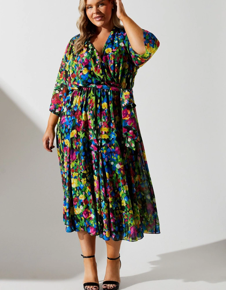 Plus Wrap Midi Dress In Ditsy Floral Print