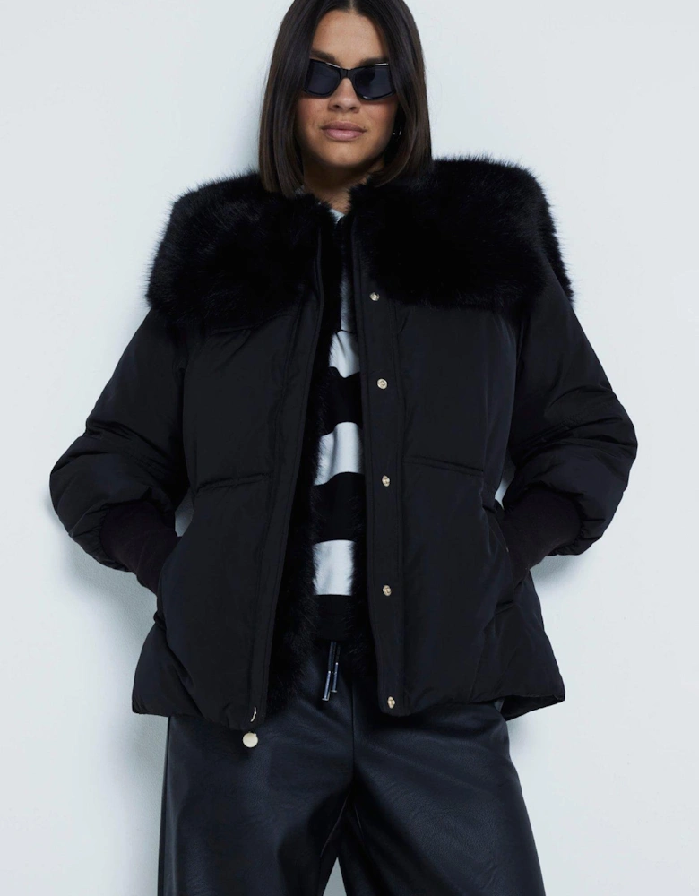 Padded Faux Fur Collar Jacket - Black