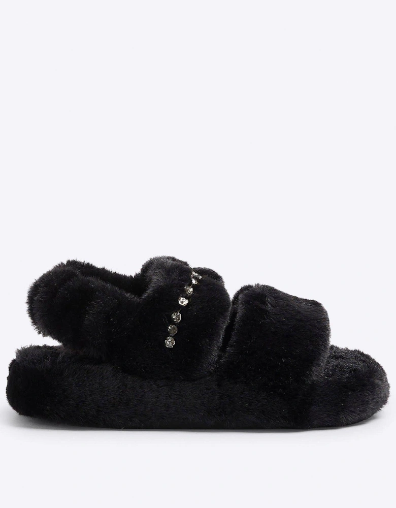 Girls Faux Fur Open Toe Slippers - Black