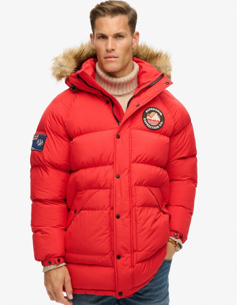 Everest Hooded Faux Fur Longline Padded Parka Coat - Red