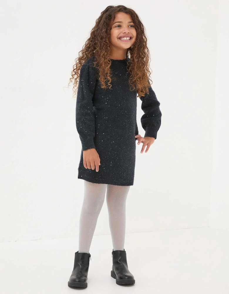 Girls Sequin Knitted Dress - Navy