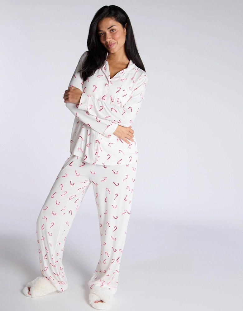 Modal Candy Cane Revere & Pant Pj Set - Ivory Mix