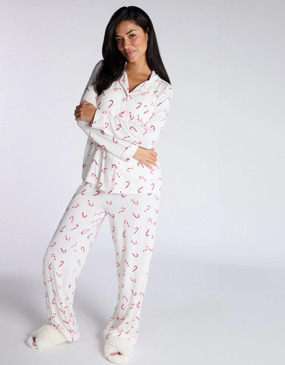 Modal Candy Cane Revere & Pant Pj Set - Ivory Mix, 6 of 5