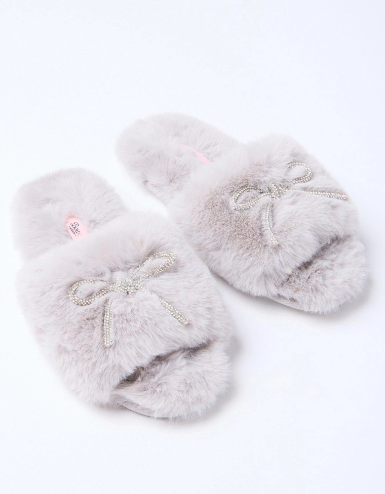 Bow Embellished Slider Slipper - Grey