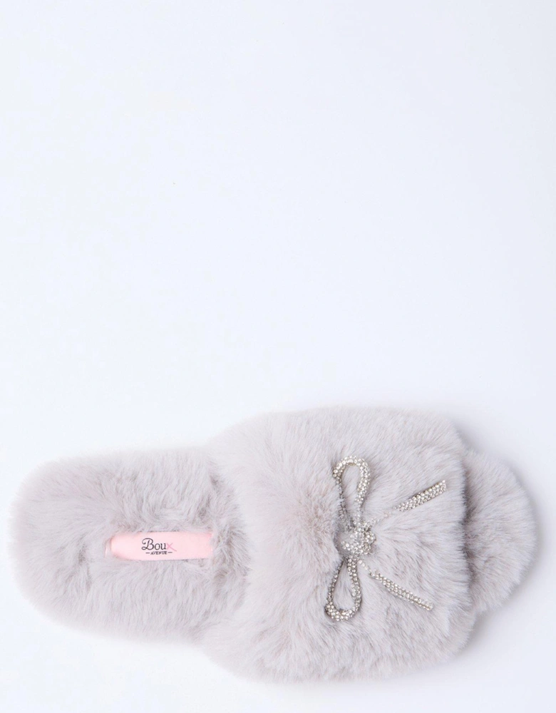 Bow Embellished Slider Slipper - Grey