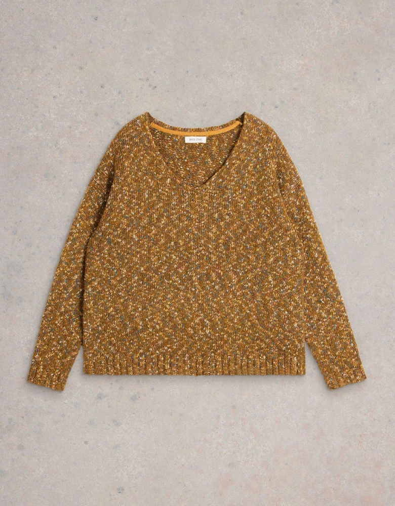 Textured V Neck Jumper  - Brown