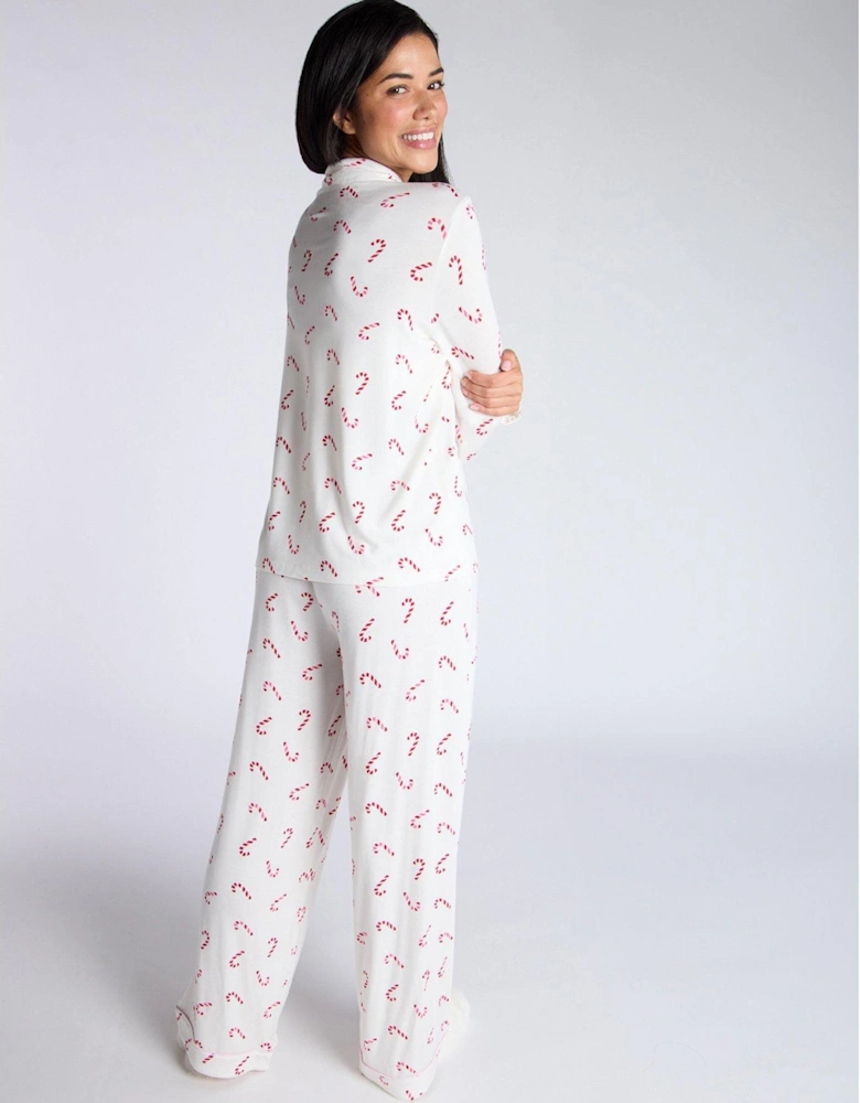 Modal Candy Cane Revere & Pant Pj Set - Ivory Mix