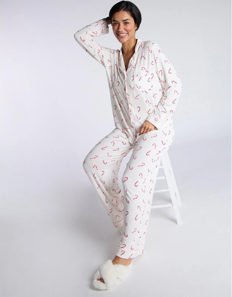 Modal Candy Cane Revere & Pant Pj Set - Ivory Mix