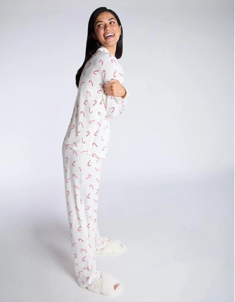 Modal Candy Cane Revere & Pant Pj Set - Ivory Mix