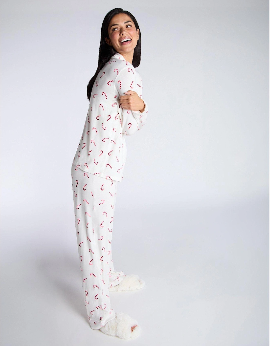 Modal Candy Cane Revere & Pant Pj Set - Ivory Mix