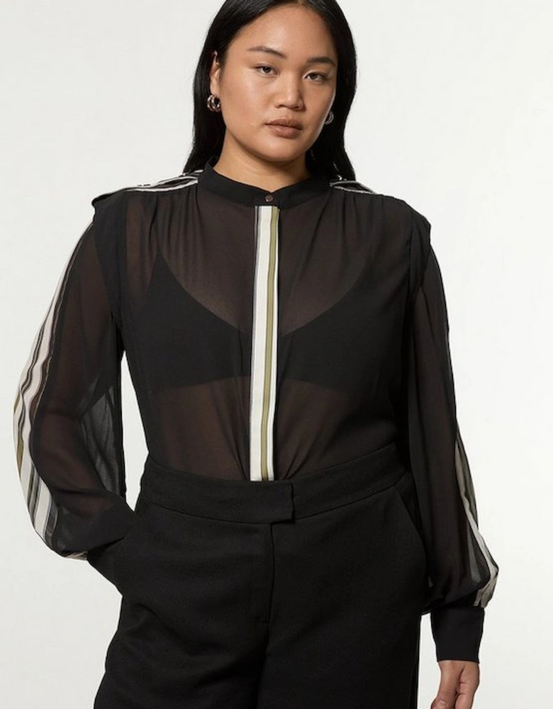 Plus Size Military Mono Striped Balloon Sleeve Shirt