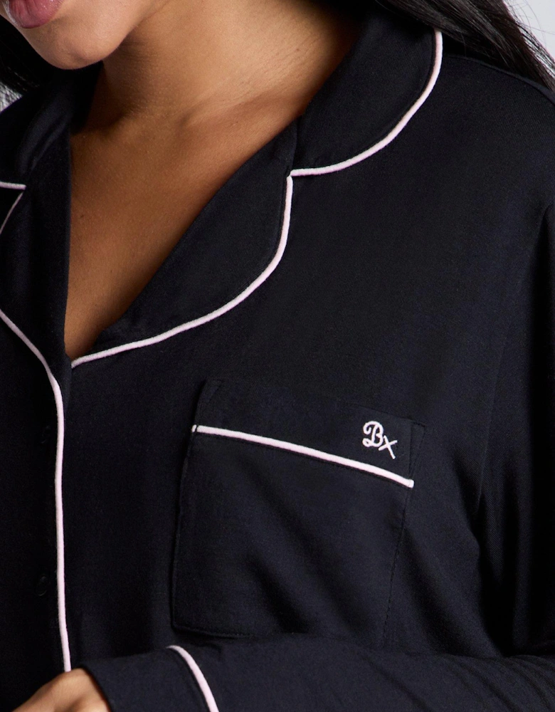 Modal Long Sleeve Revere & Short Pj Set - Black