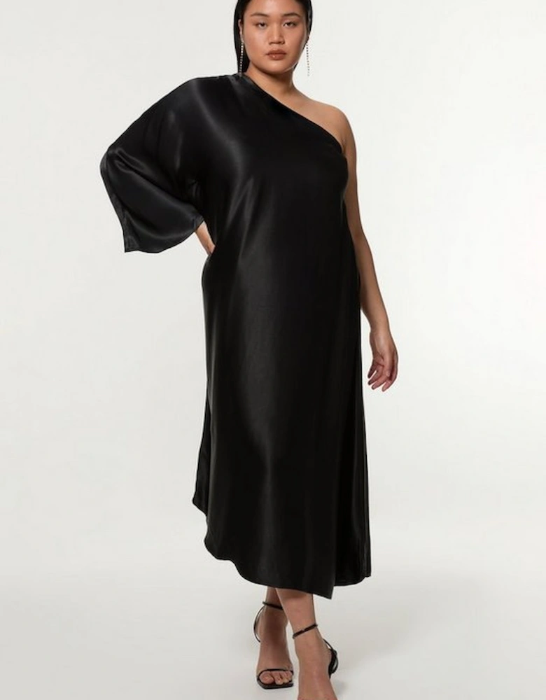 Plus Size One Shoulder Draped Satin Woven Maxi Dress