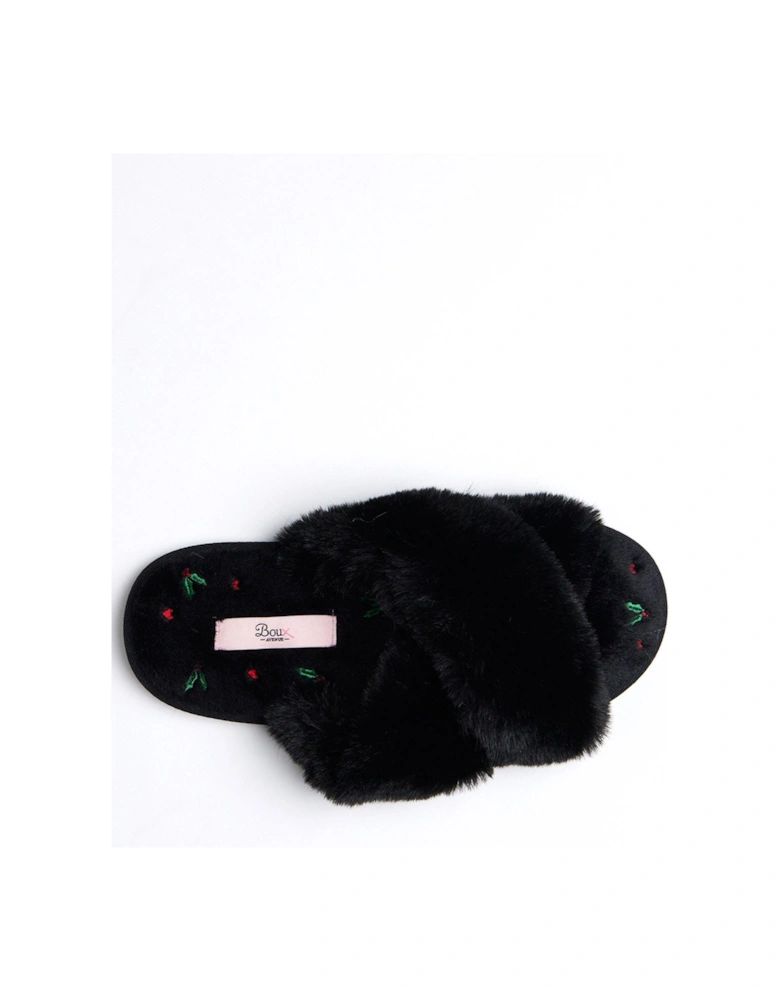 Holly Embroidered Crossband Slippers - Black