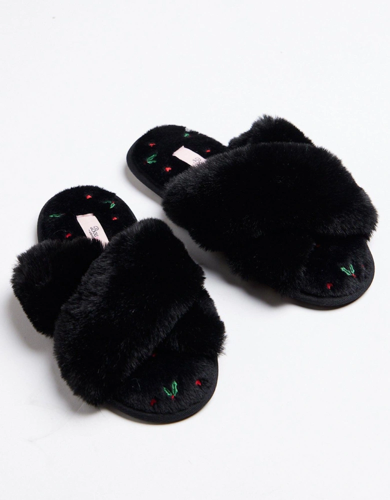 Holly Embroidered Crossband Slippers - Black