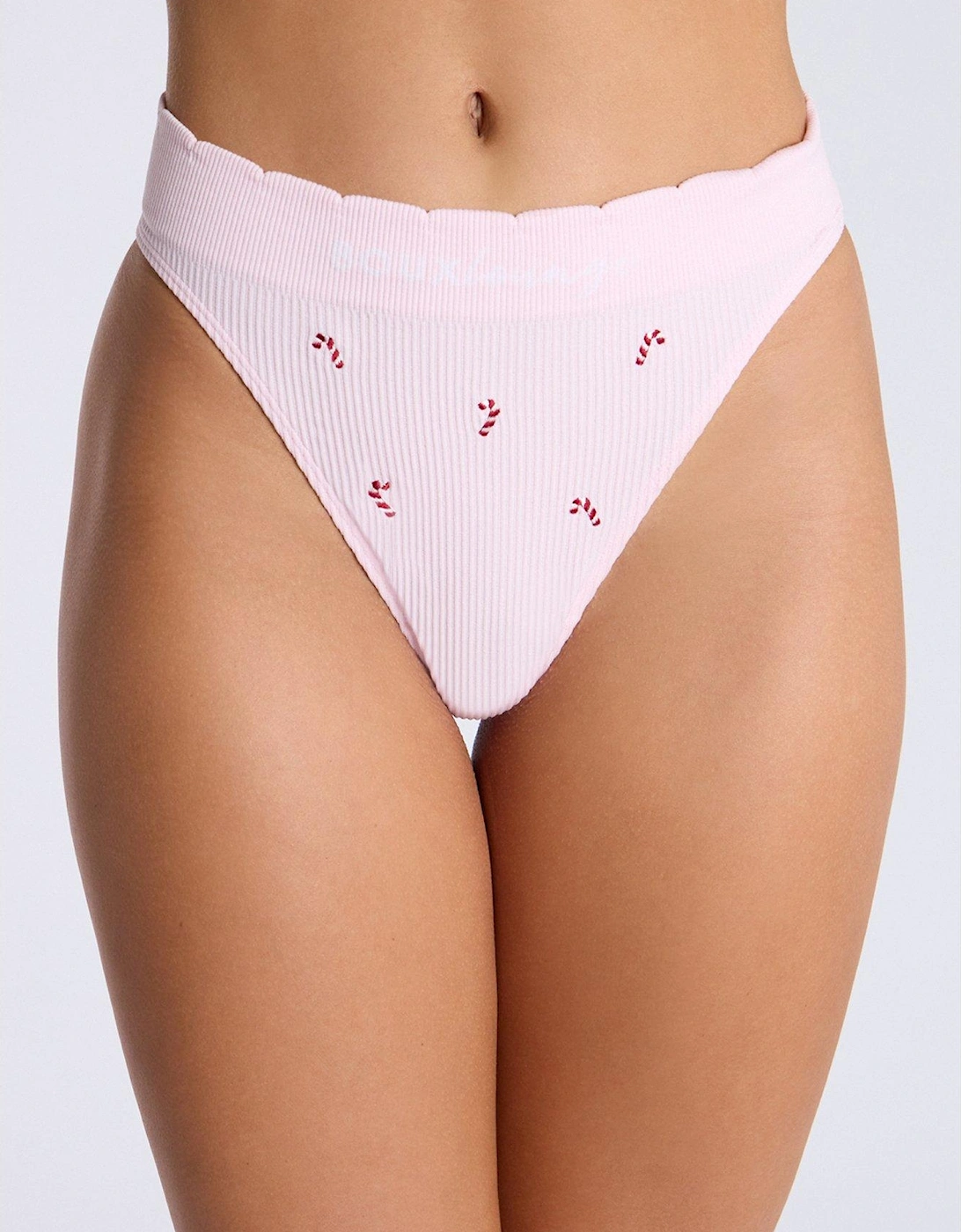 Candy Cane Embroidered Thong - Pink