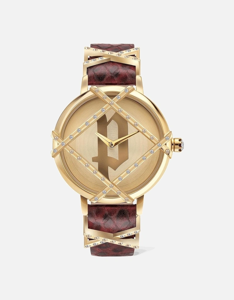 Stainless Steel Quartz Analog Watch with Leather Bracelet Women - Red