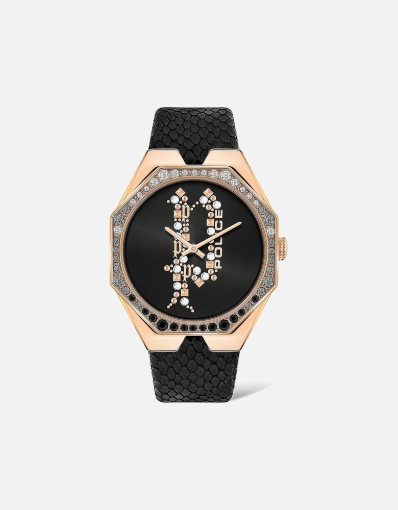 Quartz Analog Stainless Steel Case Leather Strap Watch Women - Black
