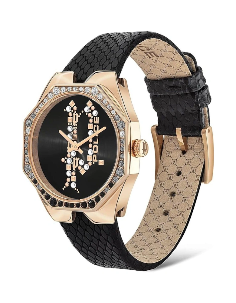 Quartz Analog Stainless Steel Case Leather Strap Watch Women - Black
