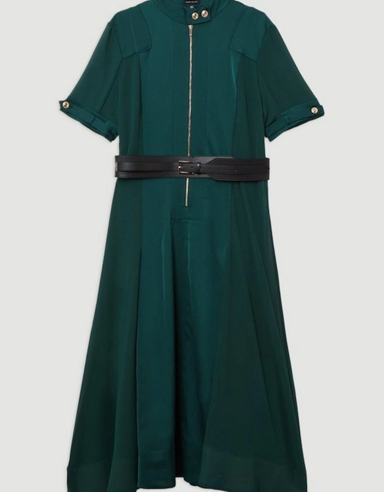 Plus Size Top Stitch Satin Georgette Woven Shirt Maxi Dress