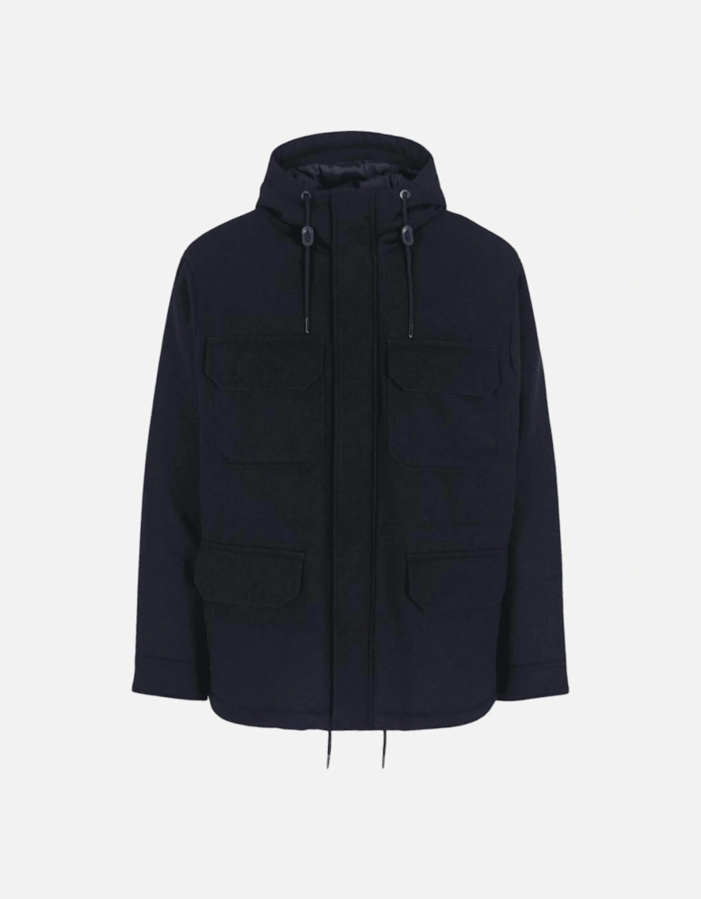 Woven Wool Hooded Navy Caban Coat