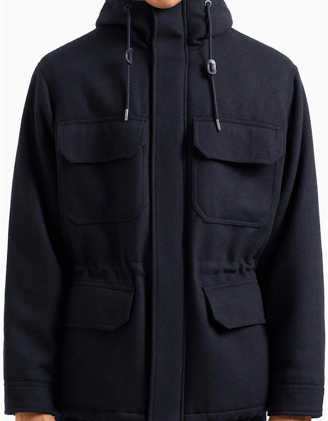 Woven Wool Hooded Navy Caban Coat