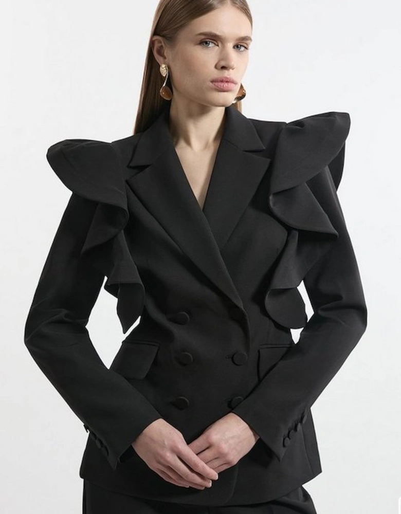 Tailored Drama Ruffle Double Breasted Blazer