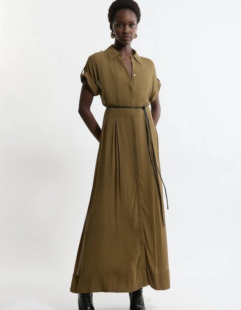 Petite Pleated Woven Viscose Maxi Shirt Dress