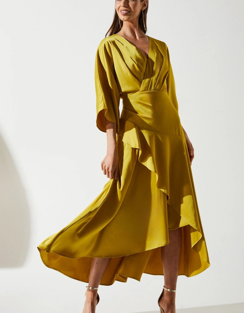 Satin Back Crepe Ruffle Wrap Midi Dress