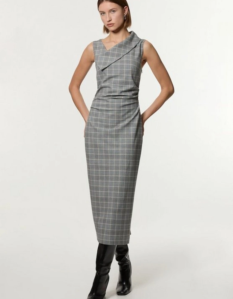 Grey Check Tailored Full Skirted Asymmetrical Maxi Dress