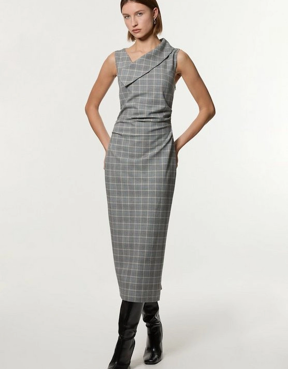 Grey Check Tailored Full Skirted Asymmetrical Maxi Dress, 5 of 4