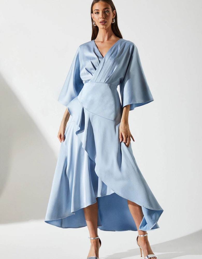 Satin Back Crepe Ruffle Wrap Midi Dress