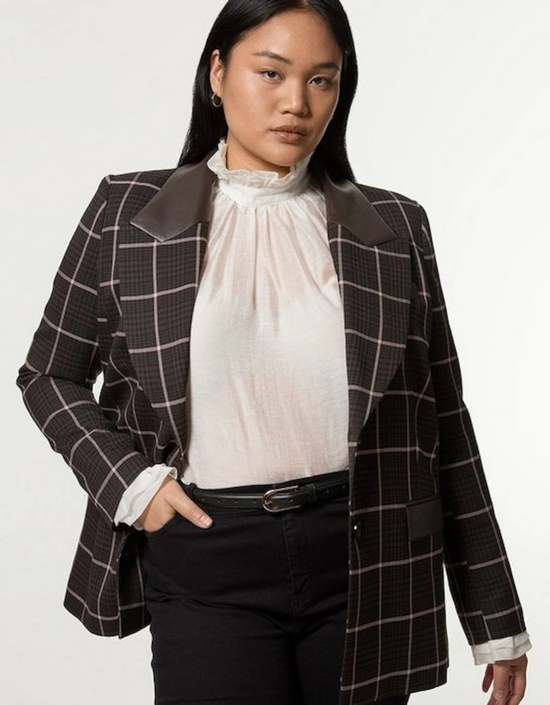 Plus Size Check Pu Mix Tailored Jacket