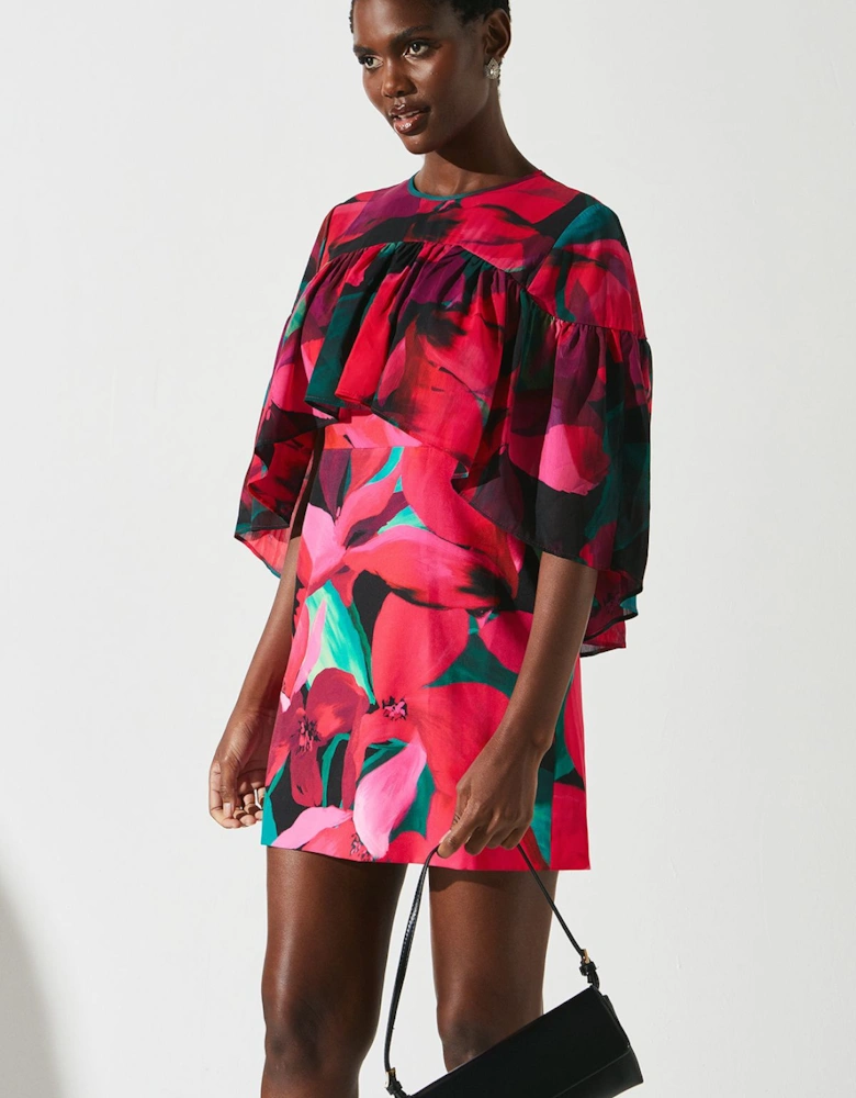 Floral Cape Ruffle Mini Dress