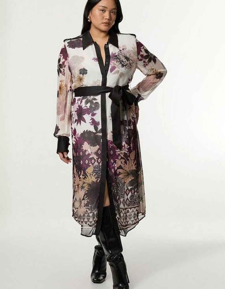 Plus Size Viscose Georgette Border Print Woven Midi Shirt Dress