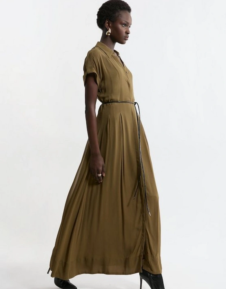 Tall Pleated Woven Viscose Maxi Shirt Dress