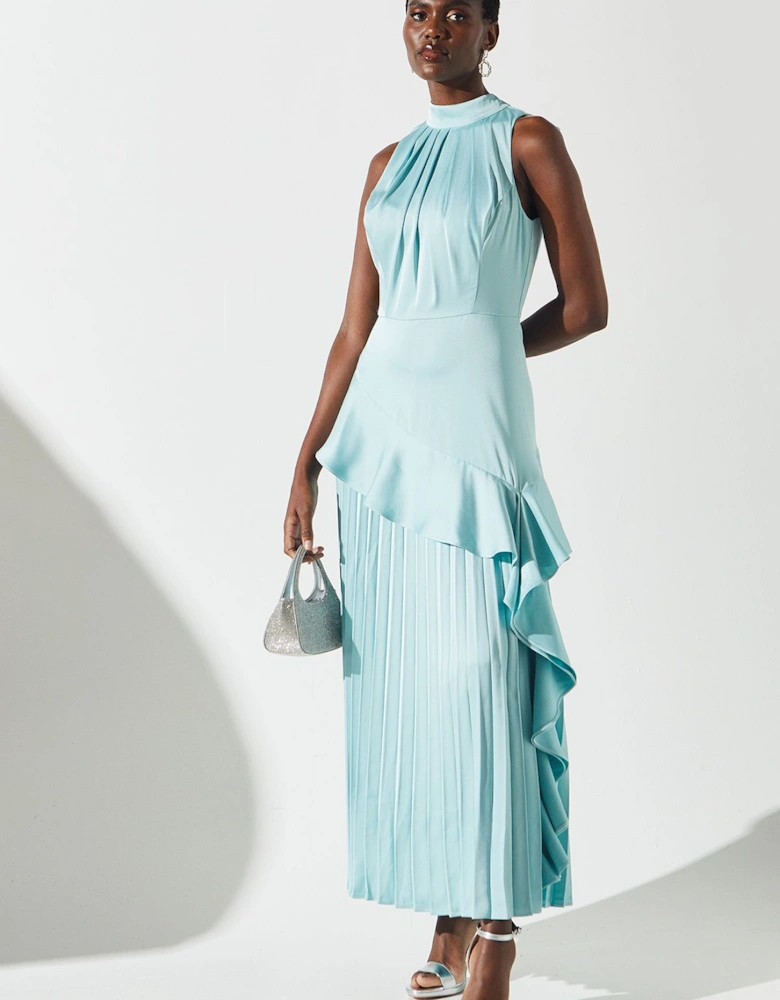 Sleeveless Ruffle Pleat Satin Back Crepe Dress