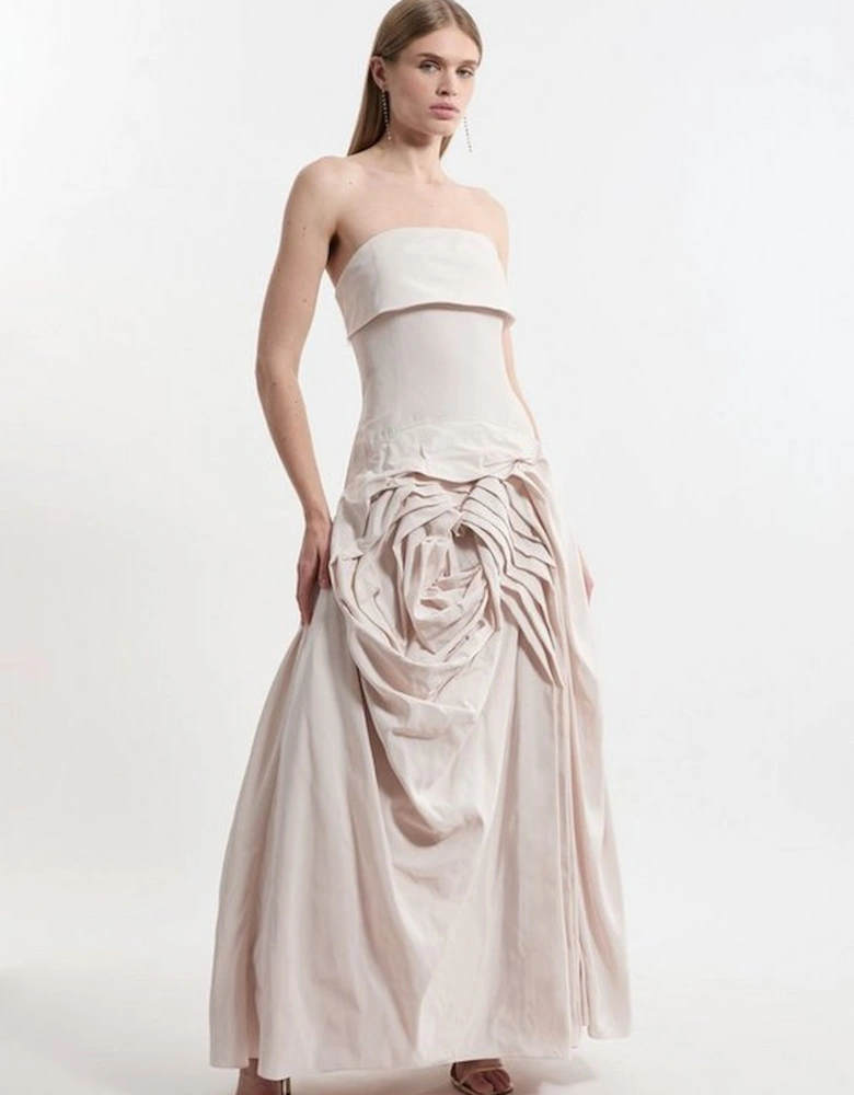 Taffeta Bandeau Tailored Rosette Pleat Maxi Dress