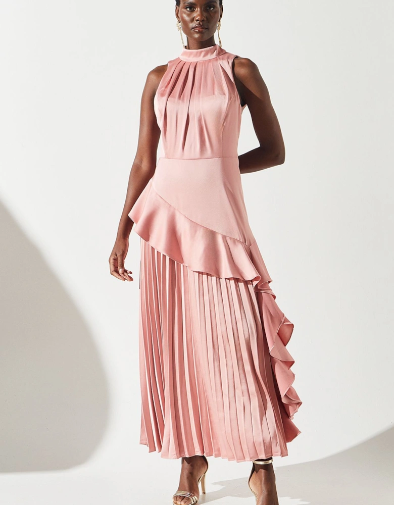 Sleeveless Ruffle Pleat Satin Back Crepe Dress