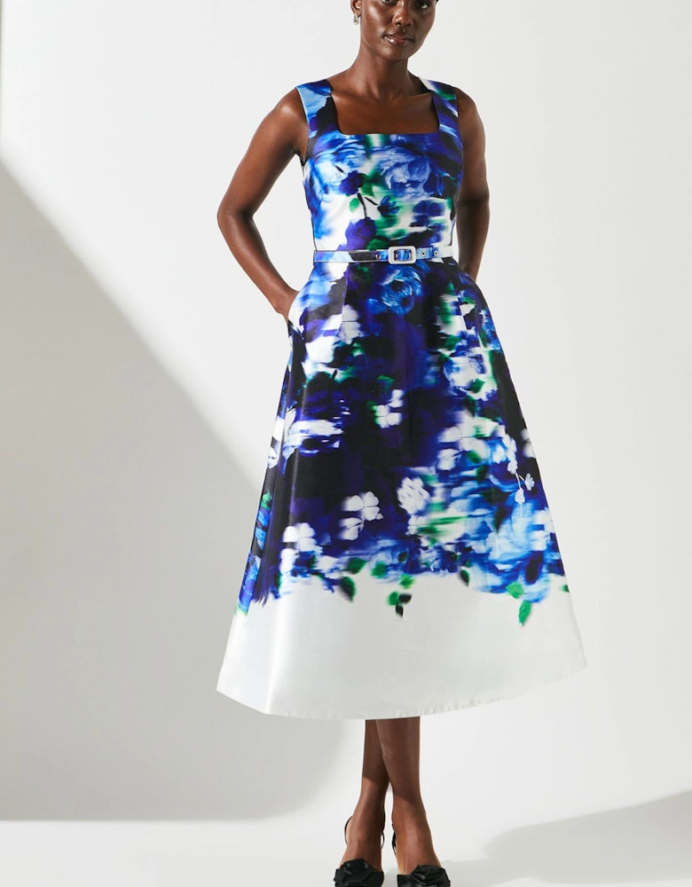 Blue Floral White Tipped Twill Belted Dress