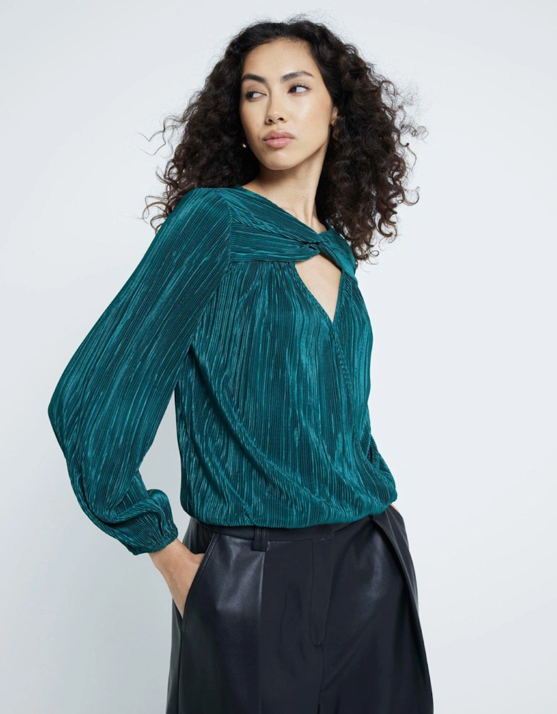 Plisse Bubble Hem Wrap Top - Dark Green