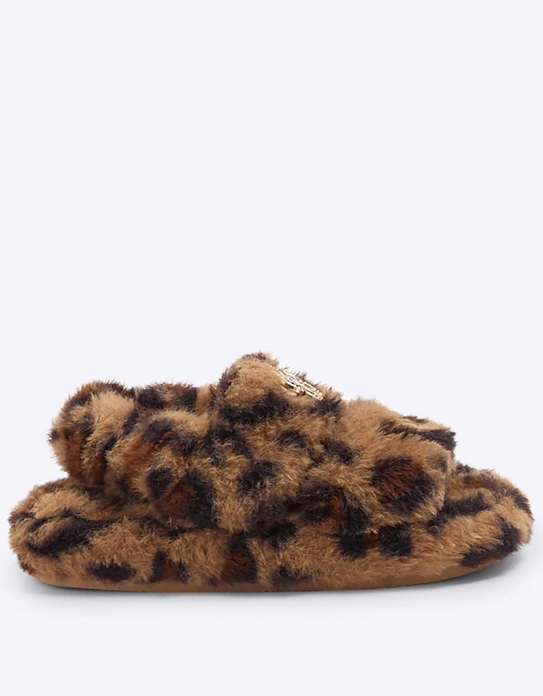 Faux Fur Leopard Slippers - Brown