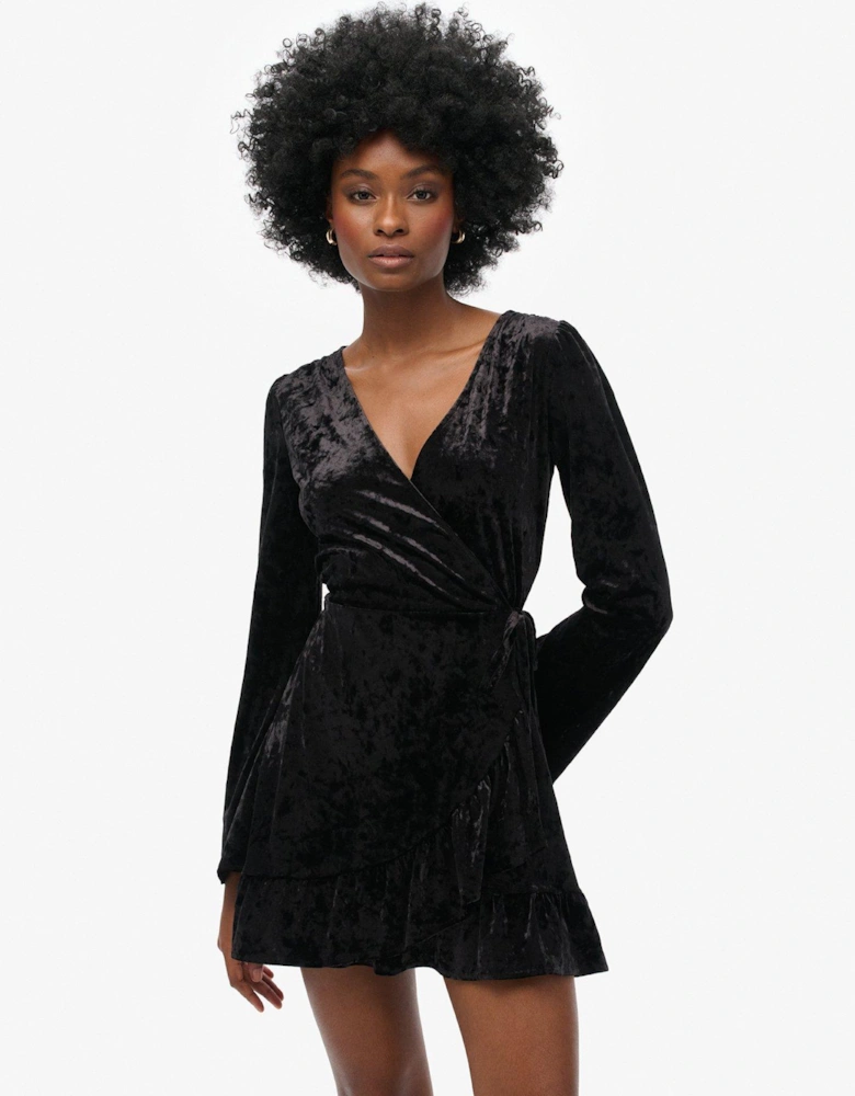 Long Sleeve Velvet Wrap Mini Dress - Black