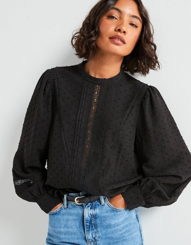 Dobby Lace High Neck Blouse - Black