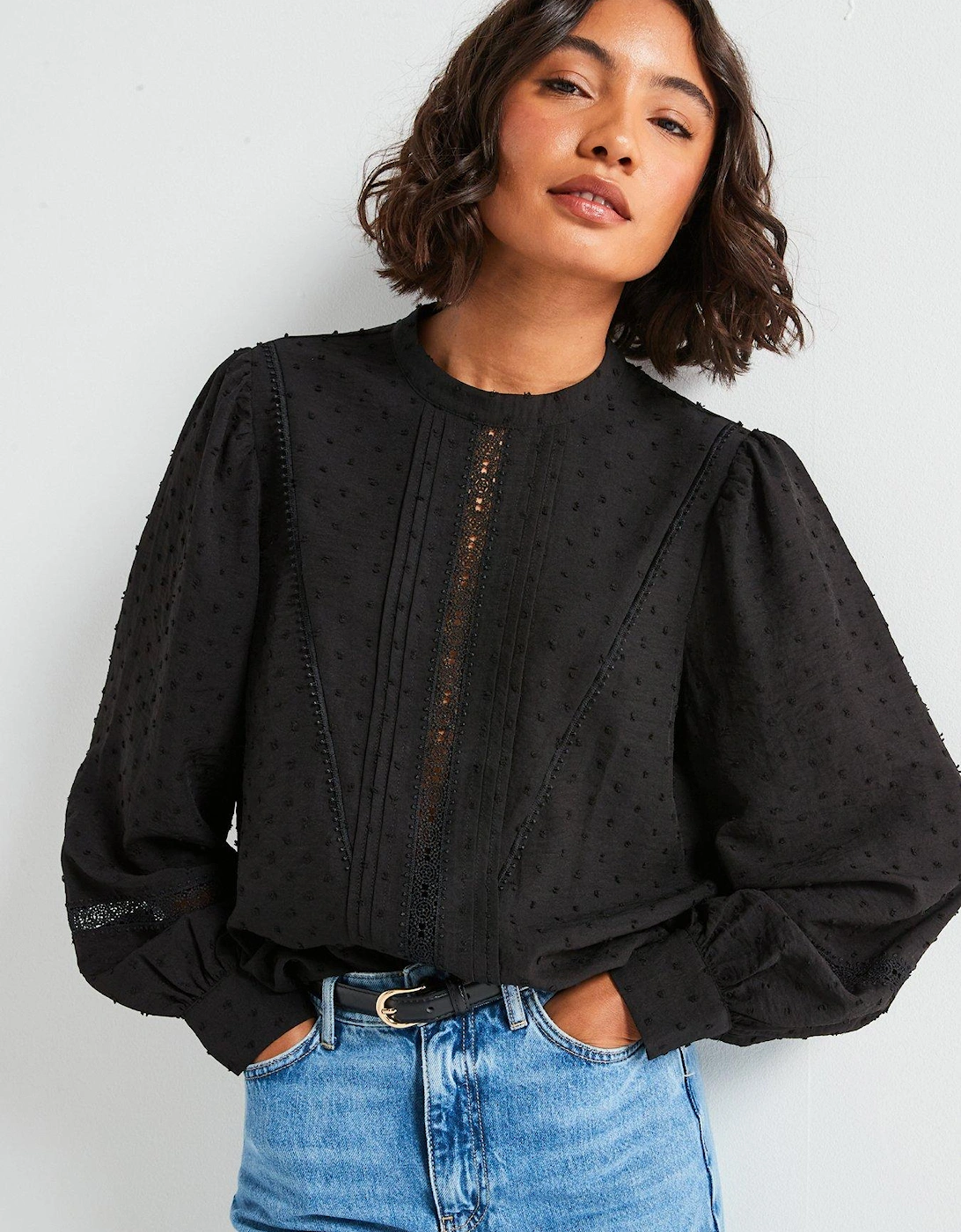 Dobby Lace High Neck Blouse - Black, 7 of 6