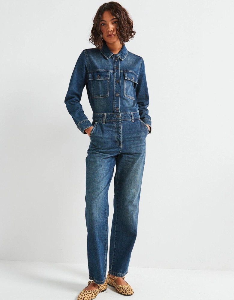 Long Sleeve Denim Jumpsuit - Dark Blue