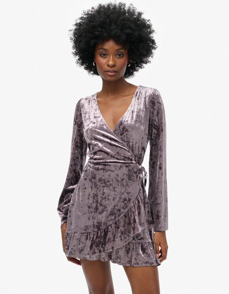 Long Sleeve Velvet Wrap Mini Dress - Grey