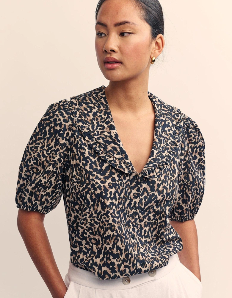 Leopard Print Puff Sleeve V Neck Blouse - Multi